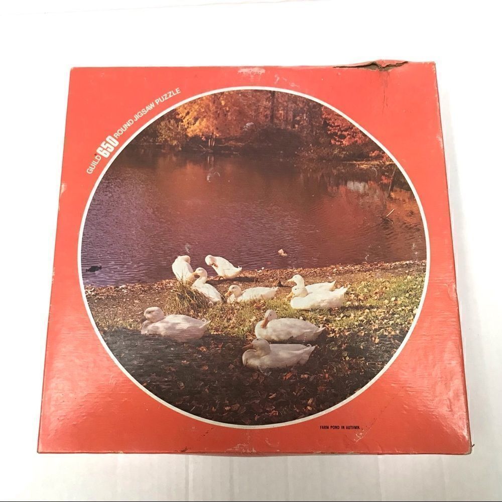 Vintage‎ old stock Whitman GUILD 650 piece round puzzle “farm pond in autumn”